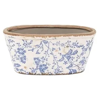 ROCKING GIFTS Oval Oval Flacher Blumentopf aus Keramik Blaue Blumen 23x11 cm