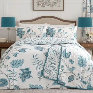 Dreams & Drapes Bettwäsche-Set mit blaugrünem Blumenmuster, Doppelbettgröße (200 x 200 cm), türkisfarbene Damast-Bettwäsche, Weiß und Blau, traditionell/Vintage-Bettwäsche in Blaugrün
