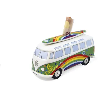 BRISA VW Collection - Volkswagen Spar-Büchse-Schwein-Dose mit Surfbrett im T1 Bus Samba Design (Love Bus/Grün)