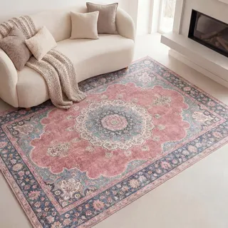 FRAAI | Home & Living Vintage Teppich - Lily Medaillon Rot Rosa - 80x150 cm - Baumwolle, Polyester - Flachgewebe - Vintage - Wohnzimmer, Esszimmer, Schlafzimmer