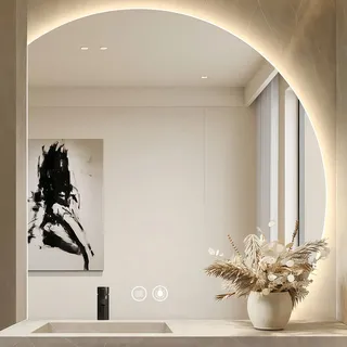 Badspiegel mit Beleuchtung, Halbrunder LED Badezimmerspiegel mit Licht, 80cm Runder Badezimmer Spiegel mit 3 Lichtfarben Dimmbar, Touch-Schalter, Beschlagfrei, IP66 HD, Asymmetrischer(A, 80×80CM)