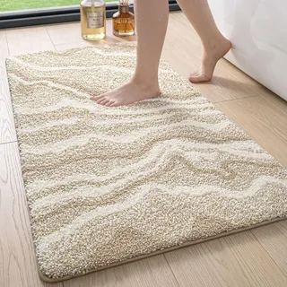 DEXI Badezimmerteppich 60 x 110 cm, Mikrofaser, Saugfähig, Beige | Weiche, dicke Badematte, rutschfest und maschinenwaschbar, saugstark, für Dusche, Badezimmer und Waschküche