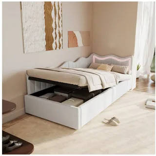 Simurq Daybett Schlafsofa 90x200 mit Bettkasten, kleines Schlafsofa, Mit LED und Lattenrost, wollähnlicher, Viskose-Bezug, Weiß weiß