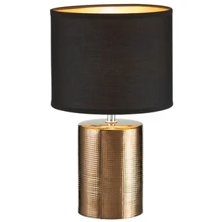 FISCHER & HONSEL LED Nachttischlampe, Dimmfunktion, LED wechselbar, Warmweiß, Lampenfuß Keramik Bronze-Farben, Lampenschirm Stoff Schwarz Gold, 35cm schwarz