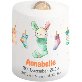 Kinder-Spardose mit Namen & Geburtsdaten personalisiert „Babysocken“ – Geldgeschenk für Neugeborenen & Baby - Sparschwein für Mädchen & Jungen - Geschenk zur Geburt, Taufe, Geburtstag