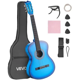 Vevor Konzertgitarre, 960 mm, Holz-Klassikgitarren-Starter-Set für Anfänger, mit Nylonsaiten, Gigbag, Gurt, Stimmgerät, zusätzlichen Saiten, Plektren, Kapodaster, Linde, für Einsteiger, Blau