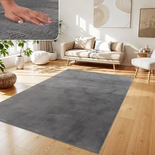 Paco Home Teppich Wohnzimmer Kunstfell Plüsch Hochflor, Shaggy weich Verschied. Farben 120x170 cm, Anthrazit
