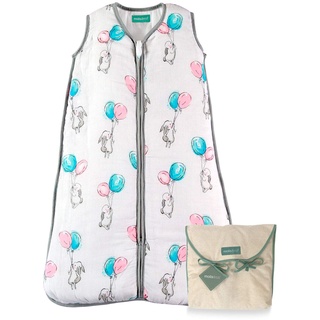 molis&co. Baby-Schlafsack. 0.5 TOG. Größe 95 cm (18-36 Monate). Ideal für den Sommer. Superweich und leicht. Unisex-Hasen- und Luftballonsdruck in Blau- und Rosatönen. Premium-Musselin.