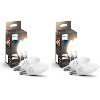 Philips Hue White E14 LED Lampen in Kerzenform 4er Pack (470 lm), dimmbare LED Leuchtmittel für das Hue Lichtsystem mit warmweißem Licht, smarte Lichtsteuerung über Sprache und App