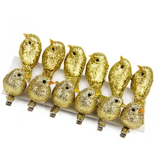 Vorkhuaeri Künstliche Weihnachts Rotkehlchen zum Anklipsen, glitzernder Vogel, Weihnachtsbaum Dekoration, Mini Vögel Bastel Dekor Sets für Zuhause, Garten, Party, Geschenk Xmas (Gold)