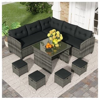 REDOM Gartenlounge-Set Garten Lounge Sofa Tisch Esstisch Outdoor Sitzgruppe, (Relaxfunktion mit 4 Ottomanen Korbgeflecht, 8-tlg., Allwetter-Rattan-Sofa mit Esstisch und Stuhl) schwarz