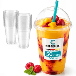 Commerline Smoothie Becher, 500 ml, 50 Stück, Slush Becher mit Domdeckel