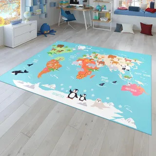 Kinder-Teppich, Spiel-Teppich Für Kinderzimmer, Weltkarte Mit Tieren, In Grün, Größe:160x220 cm