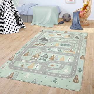 TT Home Teppich Kinderzimmer Kinderteppich Babymatte Straßen Motiv Tiere Wald Haus Junge, Farbe:Türkis, Größe:120x160 cm