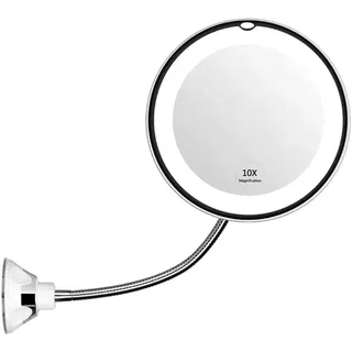 Runder Kosmetikspiegel mit Saugnapf, 10-facher Make-up-Spiegel mit LED-Licht, 360° Drehbar, Flexibler Schwanenhals, Vergrößerungsspiegel, Reise- und Badezimmer-Kosmetikspiegel