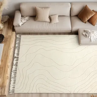 Wollteppich "Liora", creme, B:160cm H:20mm L:230cm, Wolle, SCHÖNER WOHNEN-KOLLEKTION, Teppiche, reine Wolle, Linien, mit Fransen, Ton in Ton, Wohnzimmer