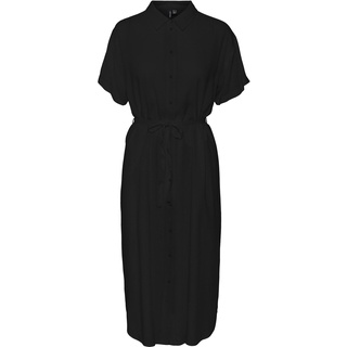 VERO MODA Damen Leichtes Kurzarm Kleid Midi Blusen Dress Locker mit Gürtel und Hemdkragen VMBUMPY, Farben:Schwarz,Größe Damen:S