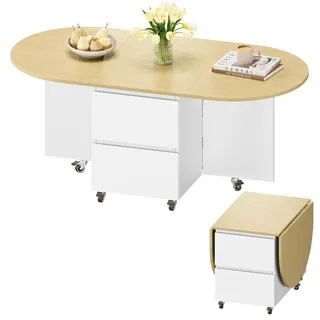 Yaheetech Ausziehbarer Couchtisch mit Rollen, Schubladen und Stauraum | Klappbarer Wohnzimmertisch Beistelltisch Couch Ovaler Sofatisch für Kleine Räume, Büro & Studios, Weiß & Eiche