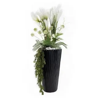 Pampasgras Federgras Zwiebelgras Kunstpflanze im Topf Deko Zier Gras | Fake künstlich Grasbusch | für Büro Rezeption | Gesamthöhe 140cm sehr groß wie echt (Topf schwarz Welle mit Efeu (KT01))