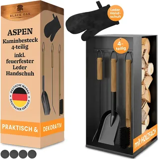 BLACK OAK Kaminbesteck Aspen 4-teilig schwarz mit Holzgriffen inkl. Lederhandsch...