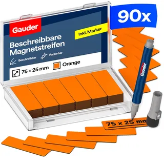 GAUDER Magnetstreifen beschreibbar, Magnetschilder Kanban (90 Stk, 75x25mm) | Magnetschilder zum Beschriften, beschreibbare Magnete zum Beschriften, Magnetetiketten für Kanban Board, mit Marker