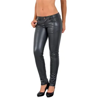 ESRA Damen Lederhose Damen Hose tiefer Bund in Leder Optik Straight-Fit Hüfthose für Frauen H12 - 32