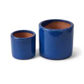 Pflanzgefäß Zylinder aus Keramik | Absolut frostfest | Von Hand gearbeitet | Blumentopf mit Abflussloch für den Garten (Royal Blau, 2er Set (19cm + 14cm))
