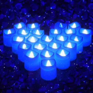Litake Blaulicht-Kerzen, romantische blaue LED-Kerzen, 24 Stück, flammenlose weiße Kerzen mit blauem Blinklicht, blaue Teelicht-Votivkerzen für Geburtstagsparty, Valentinstag, Halloween-Dekoration