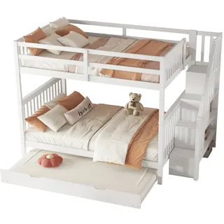 STILVORA Etagenbett 140x200 mit ausziehbarem Rollbett, Treppenregal mit Stauraum, hohes Sicherheitsgeländer, Massivholz MDF, platzsparendes Doppelbett, Weiß