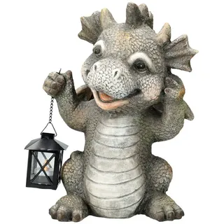 Figuren Shop GmbH Gartenfigur Gartenfigur - Fröhlicher Drache mit Laterne - Garten Figur Fantasy