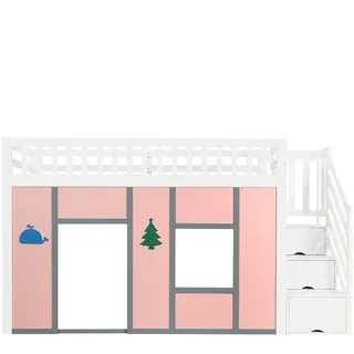 MODFU Halbhochbett aus Massivholz und MDF Weiß/Pink 90x200 cm, Gewerblich geeignet, mit Stauraumtreppe und LED