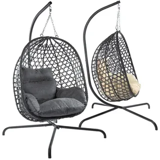 Goods+Gadgets Hängestuhl Polyrattan Hängestuhl mit Gestell und Kissen–Komfort für Innen & Außen (Hängekorb Sessel), Schwebeliege Rattan Outdoor & Indoor Relax Hängeliege grau
