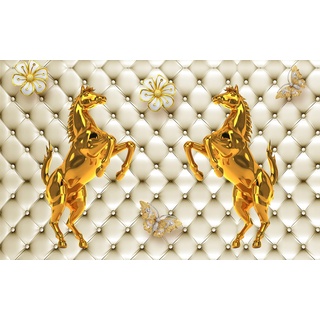 PAPERMOON Fototapete "Muster mit Pferden gold weiß" Tapeten Gr. B/L: 4,50 m x 2,80 m, Bahnen: 9 St., bunt Fototapeten