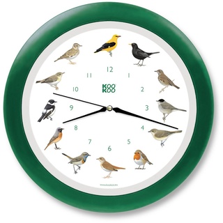 KOOKOO Singvögel Quarzwerk Grün, Die Singende Vogeluhr, runde Wanduhr mit natürlichen Vogelstimmen