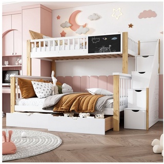 Flieks Etagenbett, Kinderbett mit Tafel Treppe Schubladen 90x200cm+140x200cm beige