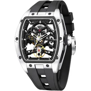 Automatikuhr Armbanduhr Herren Uhr Edelstahl Silikon Skelett Skelleton Rechteckig Silber - Silber