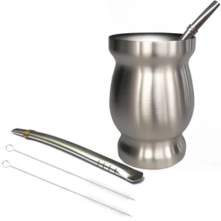 Beruth Yerba Mate Tasse, doppelwandig, 304 Edelstahl, wärmeisolierter Becher und Verbrühungsschutz, inklusive 2 Strohhalmen und Reinigungsbürste, 237 ml, silberfarben
