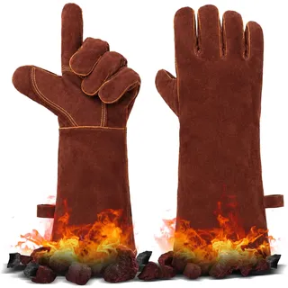 Hitzebeständiger Leder Grillhandschuhe, Kaminhandschuh, Ofenhandschuhe, Backhandschuhe, Kaminhandschuhe Feuerfeste Hitzeschutz Handschuhe, Schweißhandschuhe, 40x20CM, 1 Paar, Braun