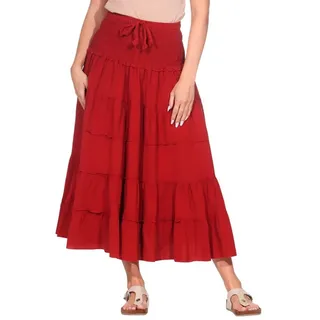KUNST UND MAGIE Stufenrock Sommerrock Damen Rock Baumwolle – Boho Maxirock mit elastischer Taille rot