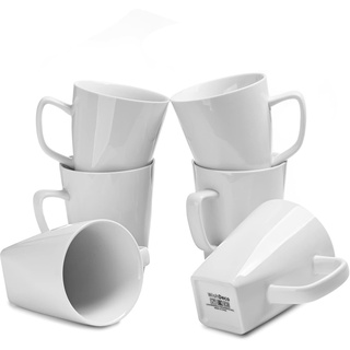 WishDeco Kaffeebecher 6er Set, Kaffeetassen Porzellan Weiß 400ml, Kaffee Tassen Groß mit Henkel, Tassen Set für Cappuccino Tee Milch Heißgetränke, Eckig Boden