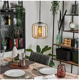 hofstein Hängeleuchte Hängelampe aus Metall/Glas in Schwarz/Bernsteinfarben, ohne Leuchtmittel, im Vintage/Retro Design, Glasschrim (20cm), 1x E27, ohne Leuchtmittel