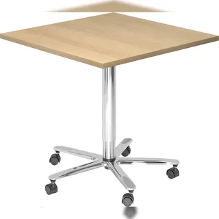 bümö Säulenhubtisch höhenverstellbar, Stehtisch Büro, Bistrotisch eckig 80 x 80 cm - Besprechungstisch Eiche, Stehtisch Holz-Platte, Säule aus Metall