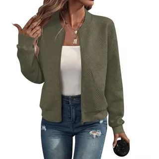 Solide Cropped-Jacke für Damen, mit durchgehendem Reißverschluss, Stehkragen, leichte Schicht-Oberbekleidung, Frühling, Herbst (M grün)