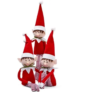 THE TWIDDLERS 3 Große Weihnachts-Wichtel Figuren (48cm) – Plüsch Kantenhocker mit klebrigen Händen – Skandinavische Deko Elfen für Fensterbank, Kamin & Regal – Filz Rot & Grau