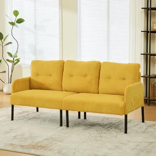 MODFU Sofa Cord Drei-Sitzer,Loungesofa mit hoher Rückenlehne und praktischen Seitentaschen,Stabile Metallfüße,Cord,Gelb - Gelb