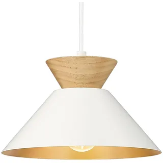 ELYONA Pendelleuchte Weiß Gold, Ø 26 cm Skandinavische Hängelampe aus Massivholz, Modern Hängeleuchte mit Goldener Innenseite für Esstisch, Küche, Schlafzimmer & Flur, Boho Landhausstil
