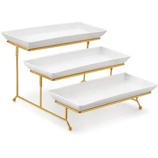 MALACASA 3-Stöckiges Porzellan Etagere Platte, Tortenständer, Cupcake Dessert Ständer, Kuchenständer Servierständer, Eckig, Weiß - Weiß