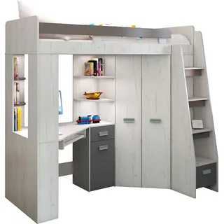 FurnitureByJDM Hochbett mit Schreibtisch, Schubladen, Regalen und Kleiderschrank - 80x200 cm Bettgröße - Rechtsseitige Treppe – ANTRESOLA (Craft White/Graphite)