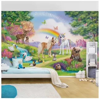 Bilderdepot24 Kindertapete Kinderzimmer Zauberwald mit Einhorn Kinder Wanddeko Regenbogen, Glatt, Matt, (Vliestapete inkl. Kleister oder selbstklebend), Mädchenzimmer Jungenzimmer Babyzimmer Bildtapete Fototapete Wandtapete bunt 4.32 m x 2.9 m