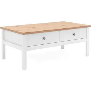 Newfurn Couchtisch Weiß Wildeiche mit Schublade Wohnzimmertisch Landhaus | zwei ausziehbare Fächer, Sofatisch, Stubentisch, Tisch für Couch, matt zweifarbig, skandinavisch für Familien